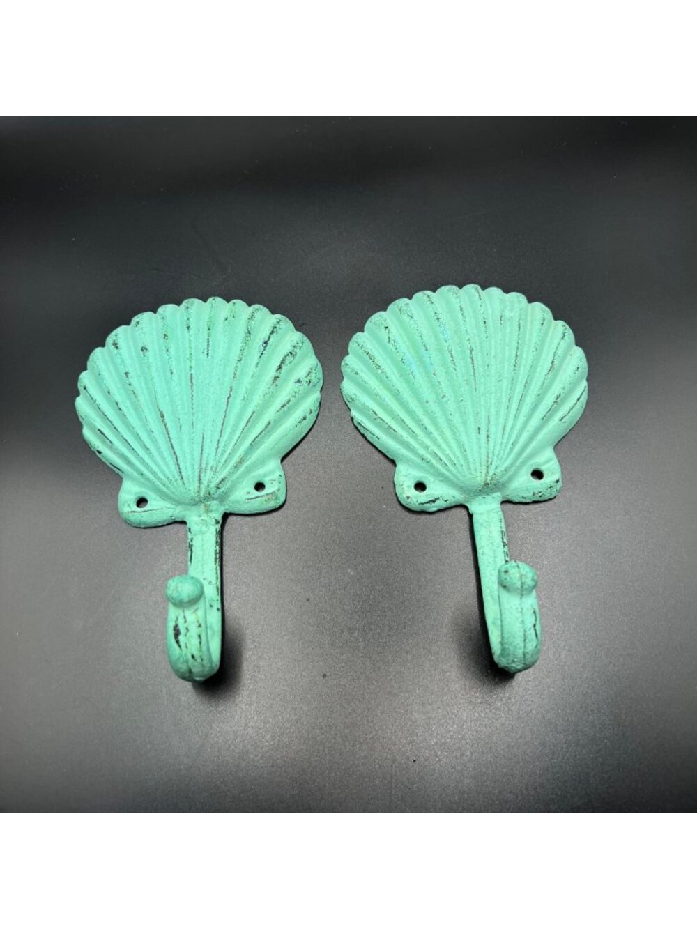 Cast Iron Shell Wall Hooks Distressed Aqua Green Coastal Nautical Set of 2 VTG